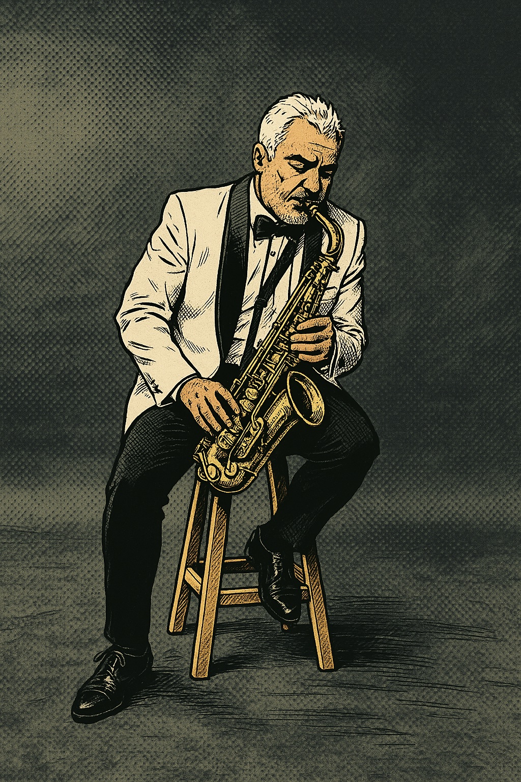 Eduardo Arriola sentado, interpretando el saxofón